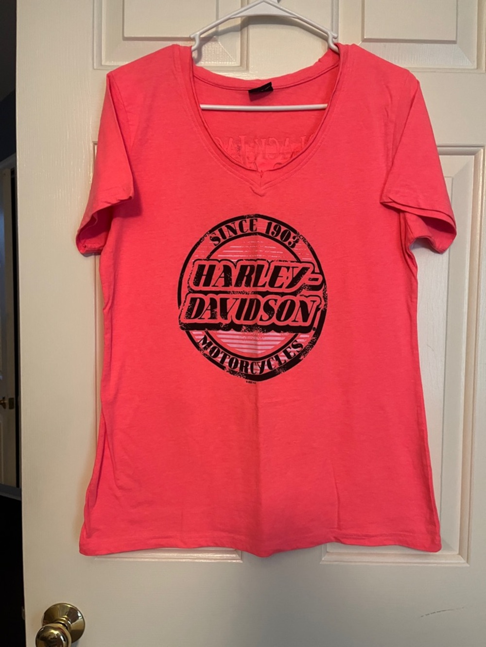 Harley-Davidson Women’s Coral Short Sleeve V-Neck Tee with Black Logo